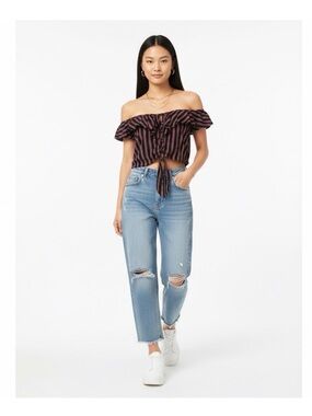 Ambiance Black and Red Off-Shoulder Crop Top-L